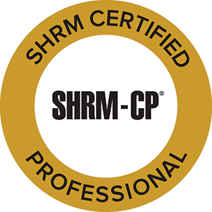SHRM-CP certification logo featuring a gold circular design with bold text. Highlights professionalism in human resources and signifies HR expertise.